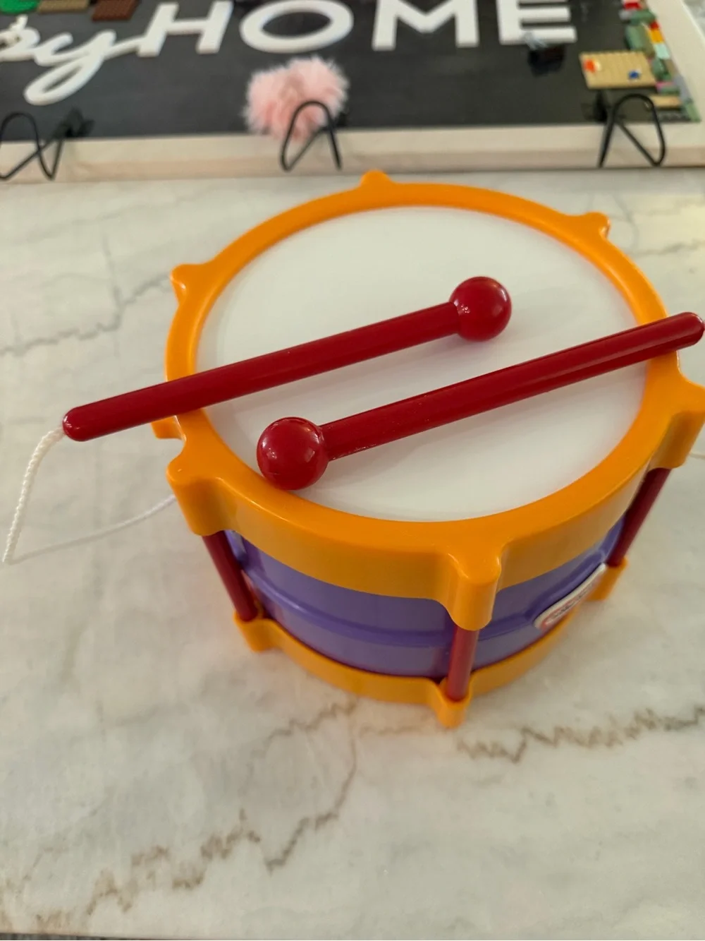 Little Tikes TOY DRUM with Drumsticks attached Red Blue Yellow Plastic Vintage